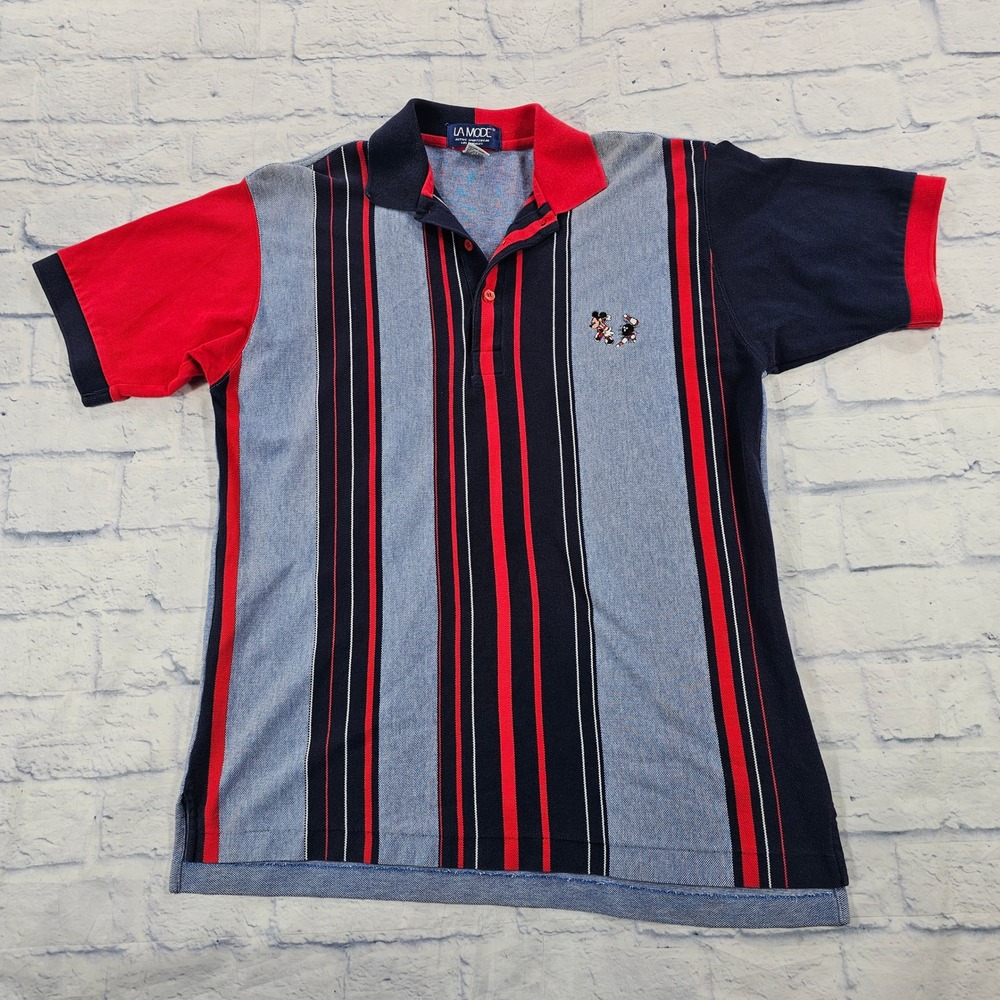 La Mode Polo Shirt MENS M Blue Red Mickey Mouse Bowling Vintage 90s USA Made